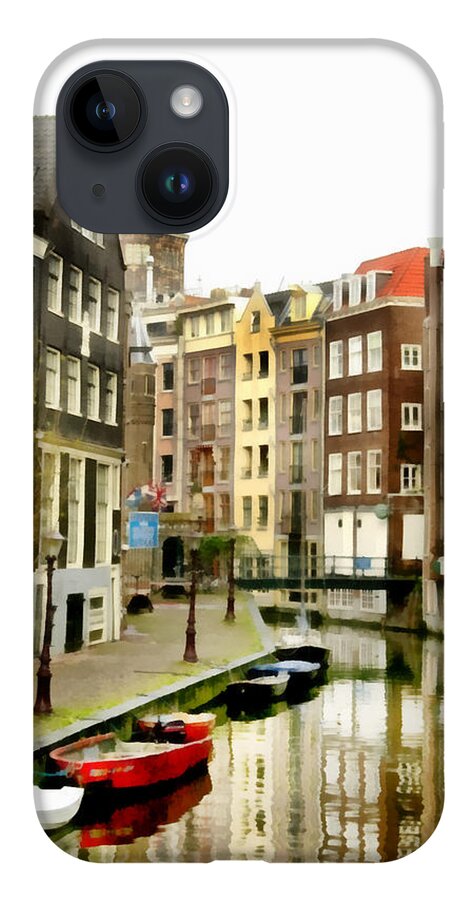 Amsterdam River Landscape Boats Travel Water iPhone 14 Case featuring the painting Pnrh1101 by Henry Butz