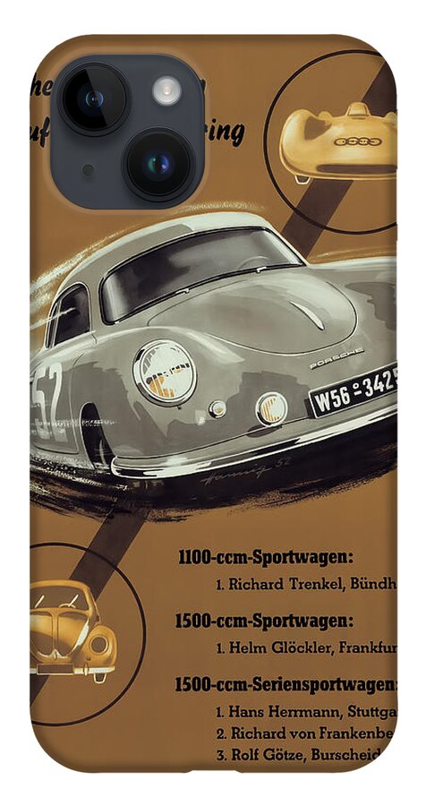 Porsche iPhone 14 Case featuring the digital art Porsche Nurburgring 1950s vintage poster by Georgia Clare