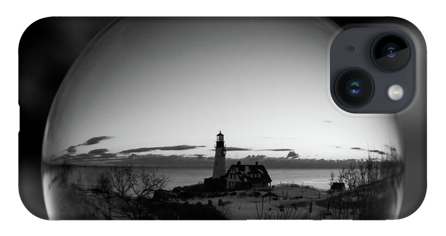 Black And White iPhone 14 Case featuring the photograph Portland Headlight Globe by Darryl Hendricks