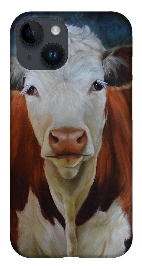 Cow Face iPhone 14 Case featuring the painting Portrait of Sally The Cow by Cheri Wollenberg