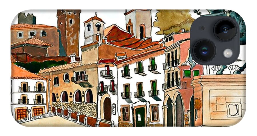 Spain Historic Architecture 16hc Pizarro Plein-air Impressionism  iPhone 14 Case featuring the painting Praise to the Plaza - Trujillo, Spain by Joan Cordell