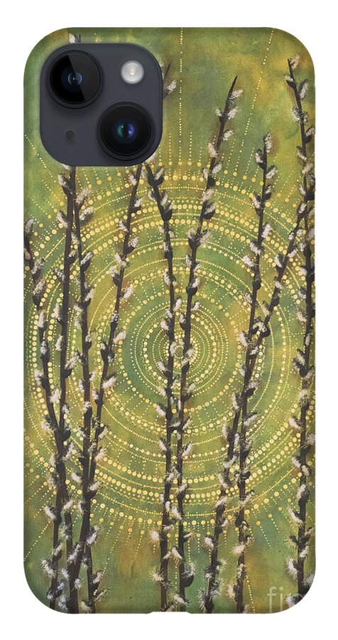 Pussy Willow iPhone 14 Case featuring the painting Pussy Willow Mandala by Deborha Kerr