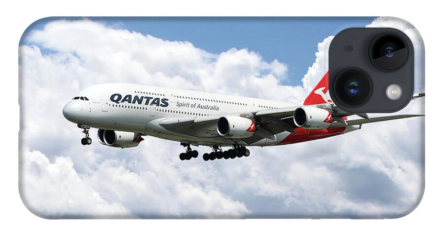 Airbus iPhone 14 Case featuring the digital art Qantas Airbus A380 by Airpower Art