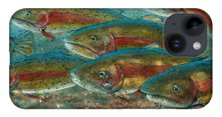 Fish iPhone 14 Case featuring the painting Rainbow Trout Fish Run by Jani Freimann