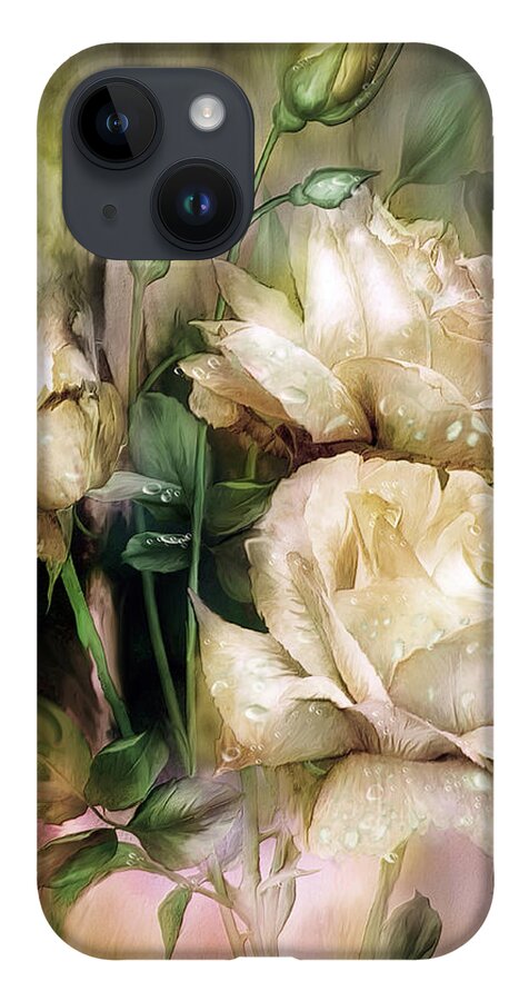 Rose iPhone 14 Case featuring the mixed media Raindrops On Antique White Roses by Carol Cavalaris