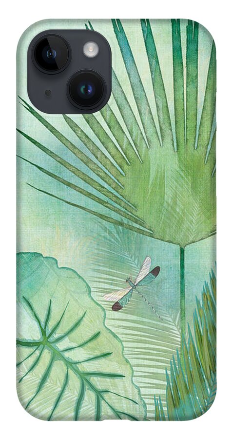 Jungle iPhone 14 Case featuring the painting Rainforest Tropical - Elephant Ear and Fan Palm Leaves w Botanical Dragonfly by Audrey Jeanne Roberts