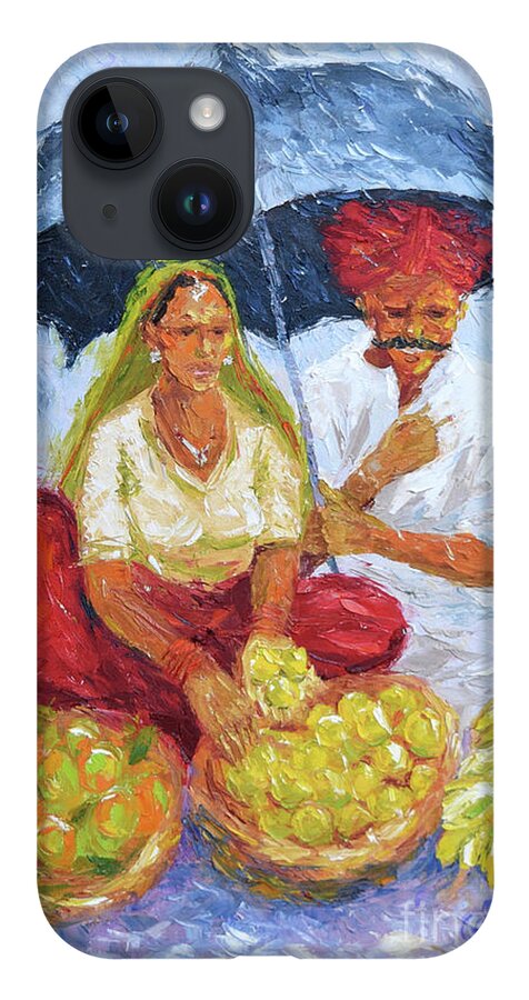  iPhone 14 Case featuring the painting Rainy Day at the Market by Jyotika Shroff