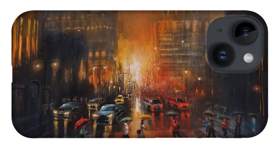 City Rainy iPhone 14 Case featuring the painting Rainy Night by Tom Shropshire