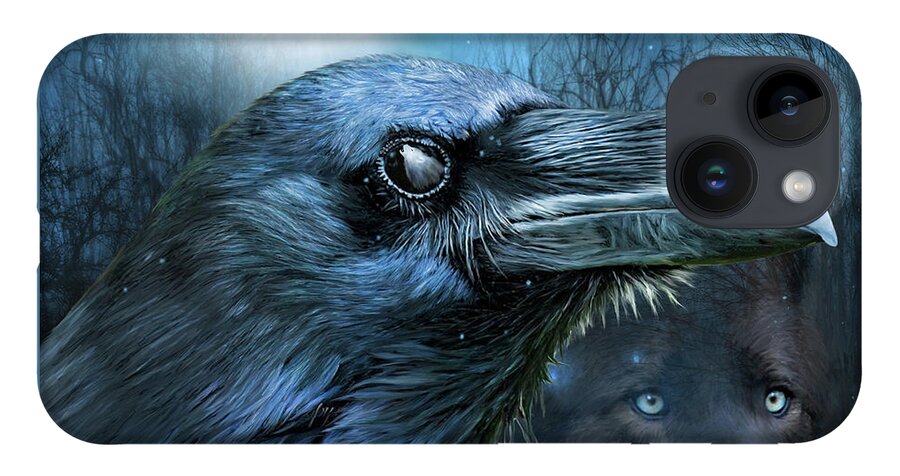 Carol Cavalaris iPhone 14 Case featuring the mixed media Raven and Wolf - In The Moonlight by Carol Cavalaris