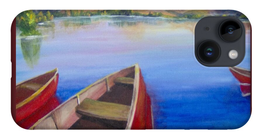 Landscape iPhone 14 Case featuring the painting Red Boats at Sunrise by Saundra Johnson