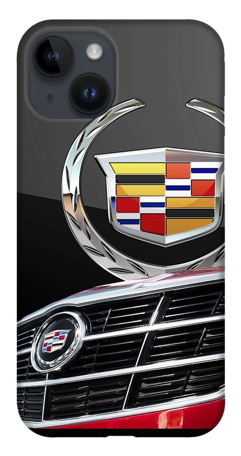 'auto Badges' By Serge Averbukh iPhone Case featuring the photograph Red Cadillac C T S - Front Grill Ornament and 3D Badge on Black by Serge Averbukh