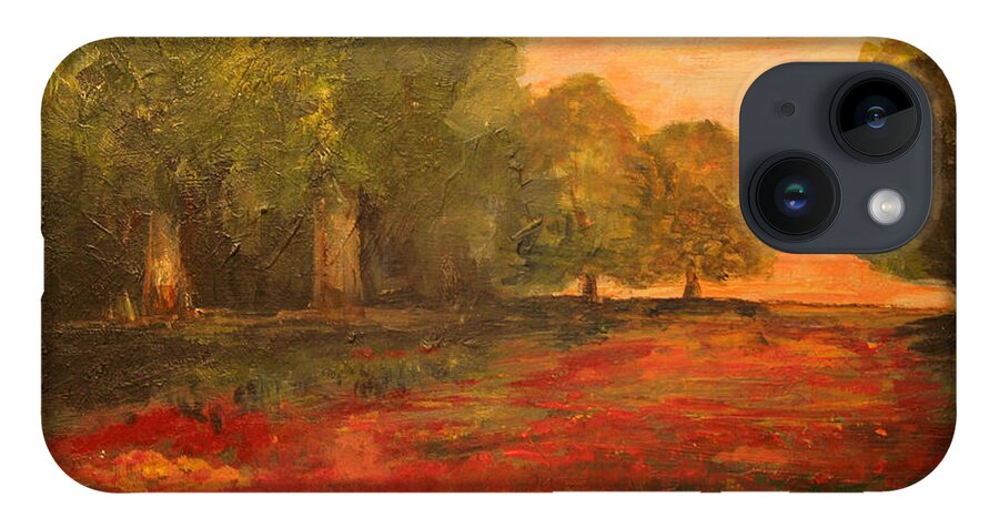 Landscape iPhone 14 Case featuring the painting Red Glow in the Meadow by Julie Lueders 