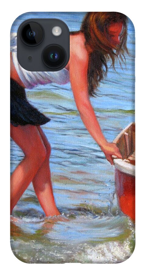 Girl At Shore iPhone 14 Case featuring the painting Red Rowboat by Marie Witte