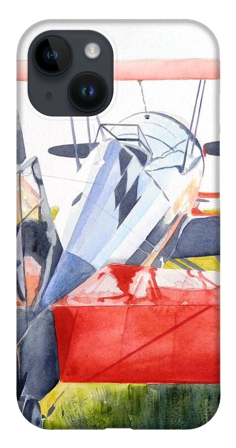 Biplane iPhone 14 Case featuring the painting Reflection on Biplane by John Neeve