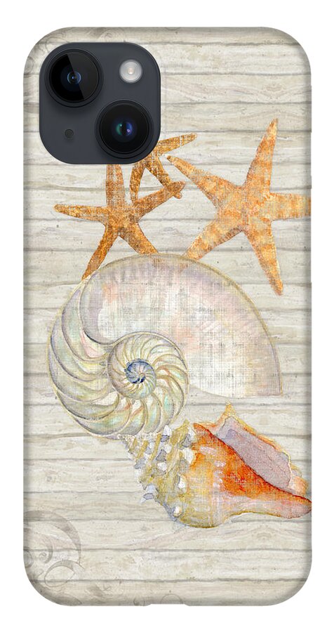 Lighthouse iPhone 14 Case featuring the painting Refreshing Shores - Lighthouse Starfish Nautilus n Conch over driftwood background by Audrey Jeanne Roberts
