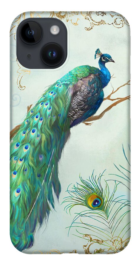 Peacock On Tree Branch iPhone 14 Case featuring the painting Regal Peacock 1 on Tree Branch w Feathers Gold Leaf by Audrey Jeanne Roberts