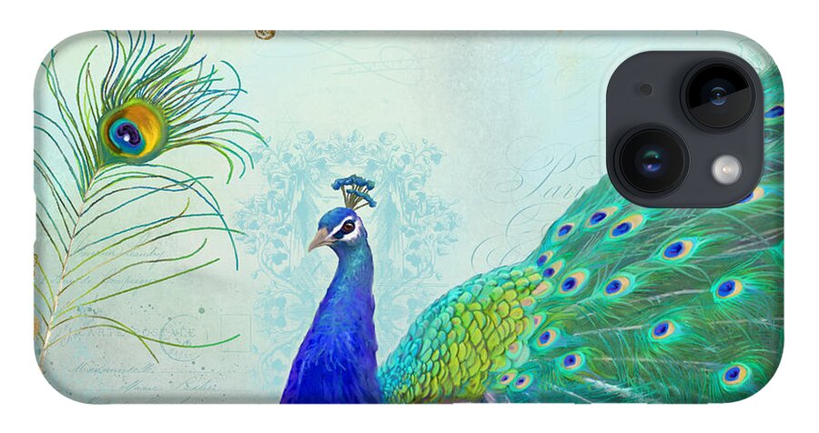 Peacock iPhone 14 Case featuring the painting Regal Peacock 2 w Feather n Gold Leaf French Style by Audrey Jeanne Roberts
