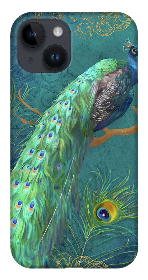 Peacock iPhone 14 Case featuring the painting Regal Peacock 3 Midnight by Audrey Jeanne Roberts