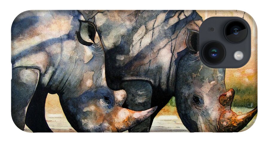 Rhino iPhone 14 Case featuring the painting Rhinos in dappled shade. by Paul Dene Marlor
