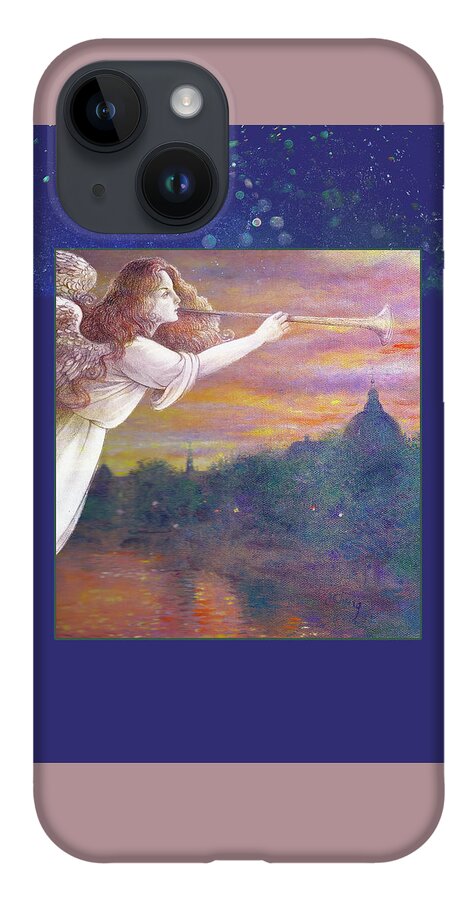 Illustrated Angel iPhone 14 Case featuring the painting Romantic Paris Nocturne with Angel by Judith Cheng