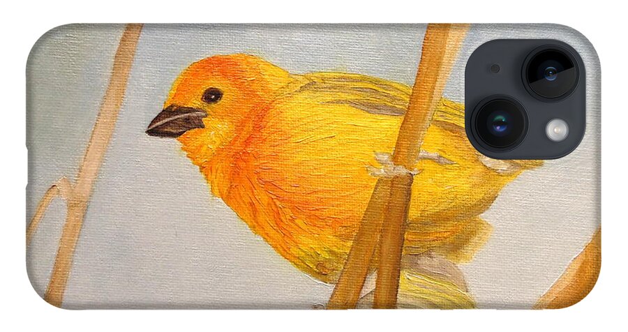 Saffron Finch iPhone 14 Case featuring the painting Saffron Finch by Angeles M Pomata