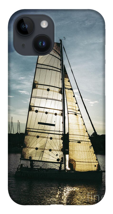 Active iPhone Case featuring the photograph Sailboat in Front of Sun in Harbor by Andreas Berthold