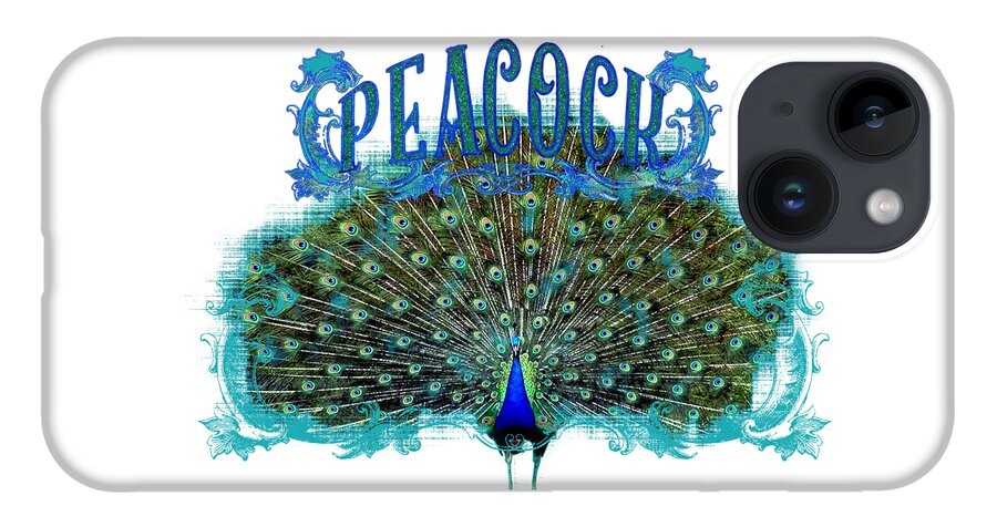 Peacock iPhone 14 Case featuring the painting Scroll Swirl Art Deco Nouveau Peacock w Tail Feathers Spread by Audrey Jeanne Roberts
