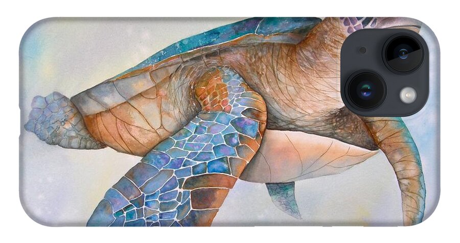 Sea Turtle iPhone 14 Case featuring the painting Sea Turtle- Twilight Swim by Midge Pippel