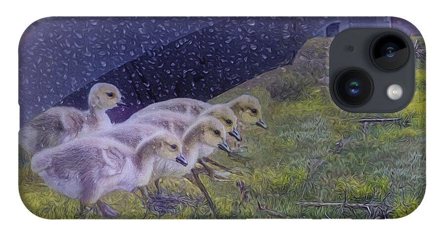 Baby Geese iPhone 14 Case featuring the digital art Seeking Shelter From The Storm Digital Artwork by Mary Lou Chmur by Mary Lou Chmura