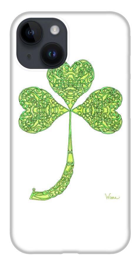 Lise Winne iPhone 14 Case featuring the drawing Shamrock with Curled Stem by Lise Winne