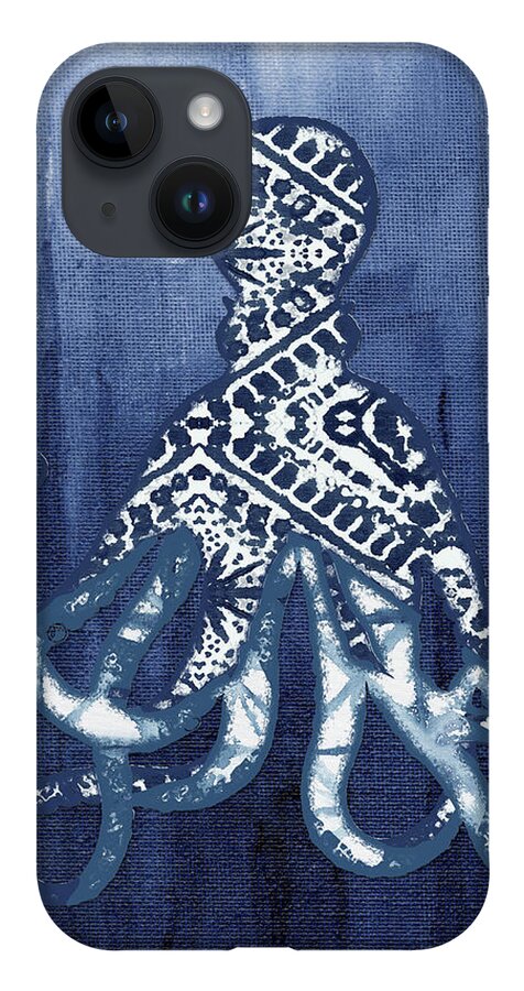 Octopus iPhone 14 Case featuring the painting Shibori Blue 2 - Patterned Octopus over Indigo Ombre Wash by Audrey Jeanne Roberts