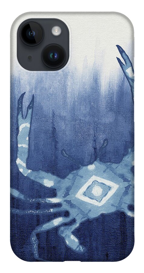 Blue Crab iPhone 14 Case featuring the painting Shibori Blue 4 - Patterned Blue Crab over Indigo Ombre Wash by Audrey Jeanne Roberts