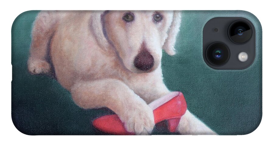 Dog With Shoe iPhone 14 Case featuring the painting Shoe Fetish by Marg Wolf