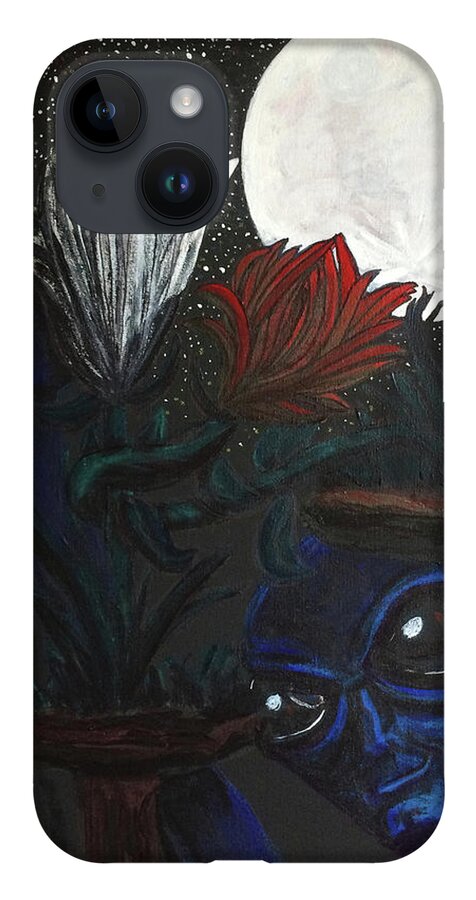 Full Moon iPhone 14 Case featuring the painting Similar Alien appreciates flowers by the light of the full moon. by Similar Alien