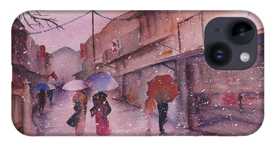 Kyoto iPhone Case featuring the painting Snowy Kyoto Day by Kelly Miyuki Kimura