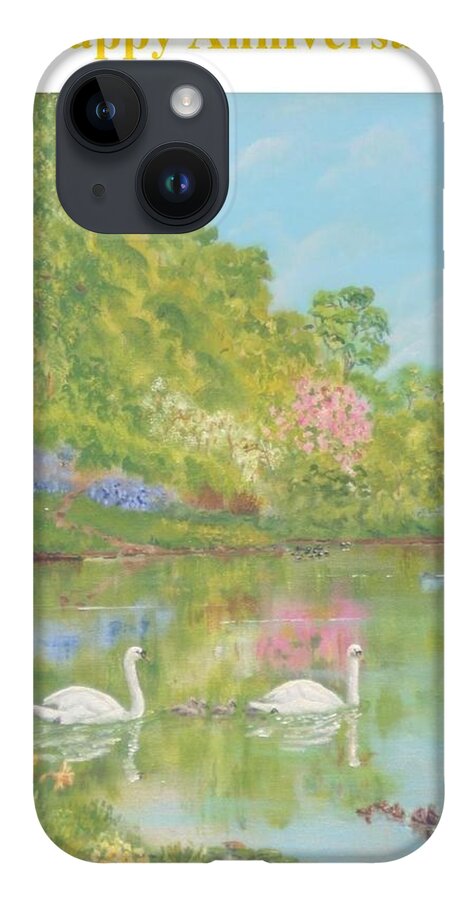 Anniversary iPhone 14 Case featuring the painting Spring swans anniversary card by David Capon