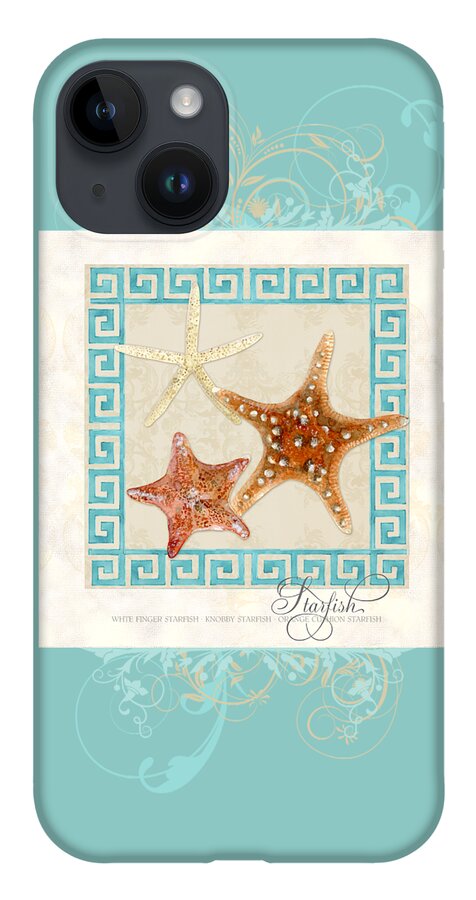 White Finger Starfish iPhone 14 Case featuring the painting Starfish Greek Key Pattern w Swirls by Audrey Jeanne Roberts