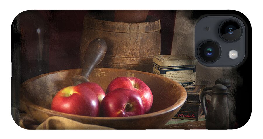 Still Life With Apples iPhone 14 Case featuring the photograph Still Life with Apples, Antique Bowl, Barrel and Shakers. by Michele A Loftus