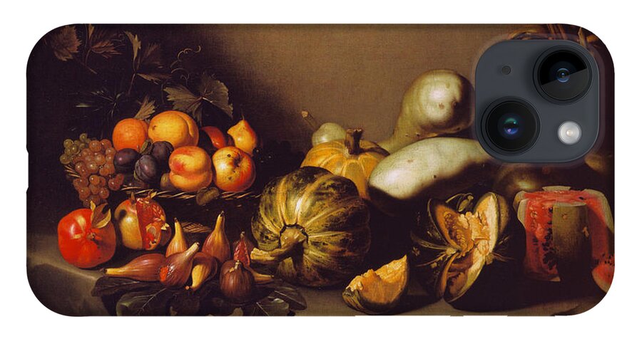 Still Life With Fruit On A Stone Ledge (c. 1601-05). Caravaggio iPhone 14 Case featuring the painting Still Life with Fruit on a Stone Ledge by MotionAge Designs