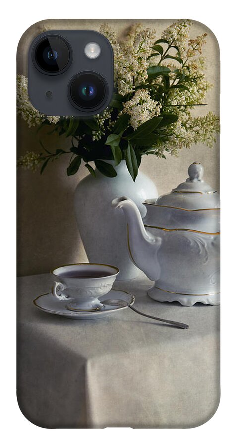Still Life iPhone 14 Case featuring the photograph Still life with white tea set and bouquet of white flowers by Jaroslaw Blaminsky