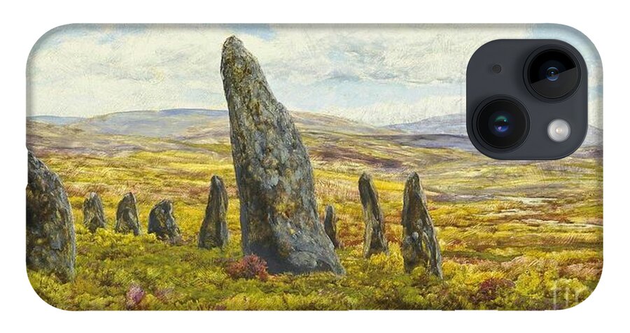 John Brett - Stone Circle On Dartmoor 1878.village iPhone 14 Case featuring the painting Stone circle on Dartmoor by MotionAge Designs