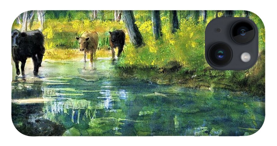 Cows iPhone 14 Case featuring the painting Streaming Cows by Randy Sprout
