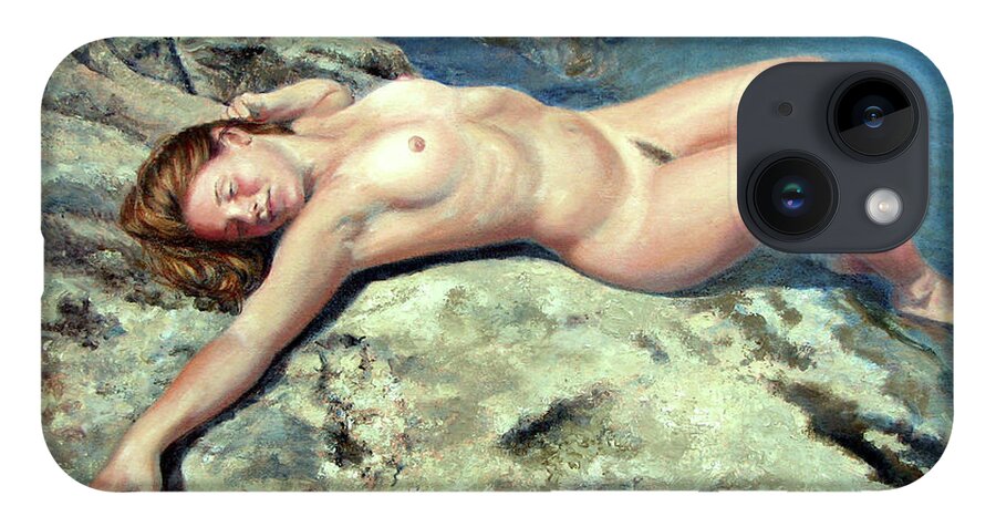Nude Woman iPhone 14 Case featuring the painting Stretch on Rock Ledge by Marie Witte