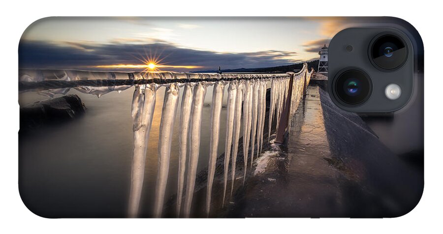 Canada iPhone 14 Case featuring the photograph Sunset over Grand Marais Lighthouse Breakwall by Jakub Sisak