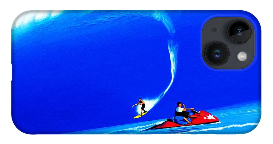 Surfing iPhone 14 Case featuring the painting Teahupoo Tahiti 2010 by John Kaelin