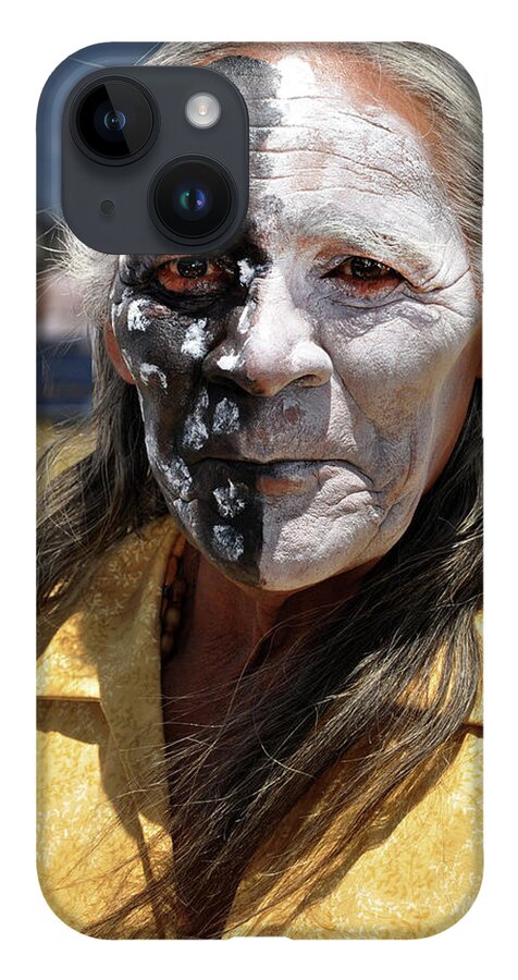 Taos New Mexico Indian Native Face Paint Special Sacred Pow Wow Cermonial Dance Performance Black White Polka Dots Man Usa American Aborginal iPhone 14 Case featuring the photograph Taos Elder by Jennifer Wright