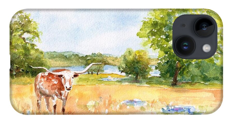 Longhorn iPhone Case featuring the painting Texas Longhorn and Bluebonnets by Carlin Blahnik CarlinArtWatercolor