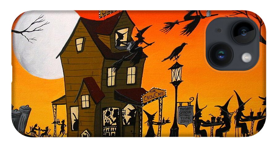 Art iPhone Case featuring the painting The Crow Cafe - Halloween witch cat folk art by Debbie Criswell