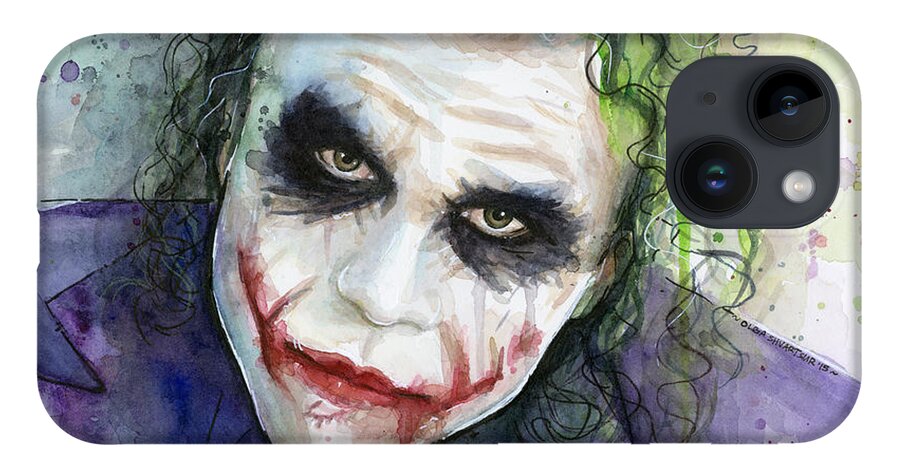 Dark iPhone 14 Case featuring the painting The Joker Watercolor by Olga Shvartsur