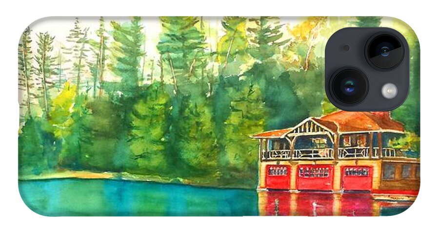 Lake iPhone Case featuring the painting The Point Resort Boathouse Saranac Lake NY by Carlin Blahnik CarlinArtWatercolor